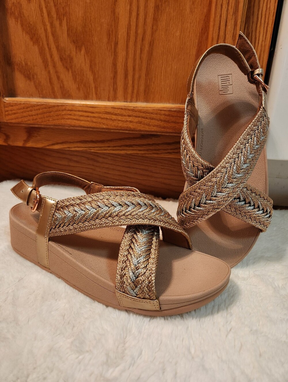 FitFlop tan and blue Braided Platform Sandals for Women,sz 10